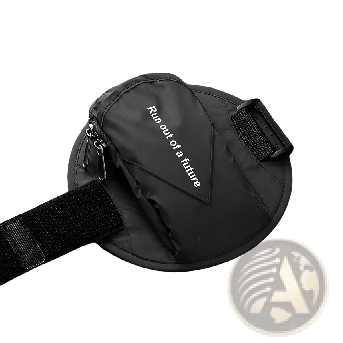 Black reflective running arm bag with zipper closure, adjustable strap, and white text run out of a future phone pouch