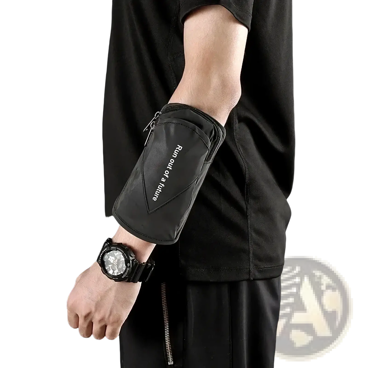 Black reflective running arm bag with zipper closure and white run out of a future text phone pouch