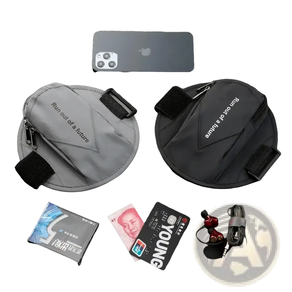 Gray and black reflective running arm bag with white run out of a future text designed for phone carrying
