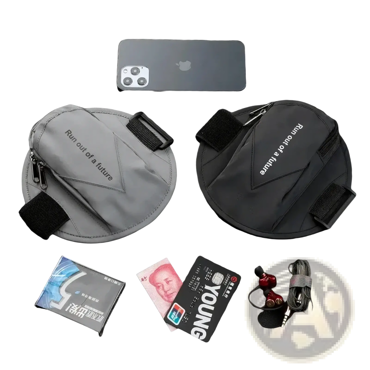 Gray and black reflective running arm bag with white run out of a future text designed for phone carrying