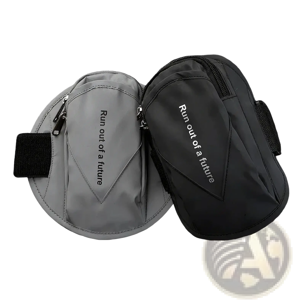 Running arm bag reflective phone pouch in gray and black with zippers adjustable straps and run out of a future print