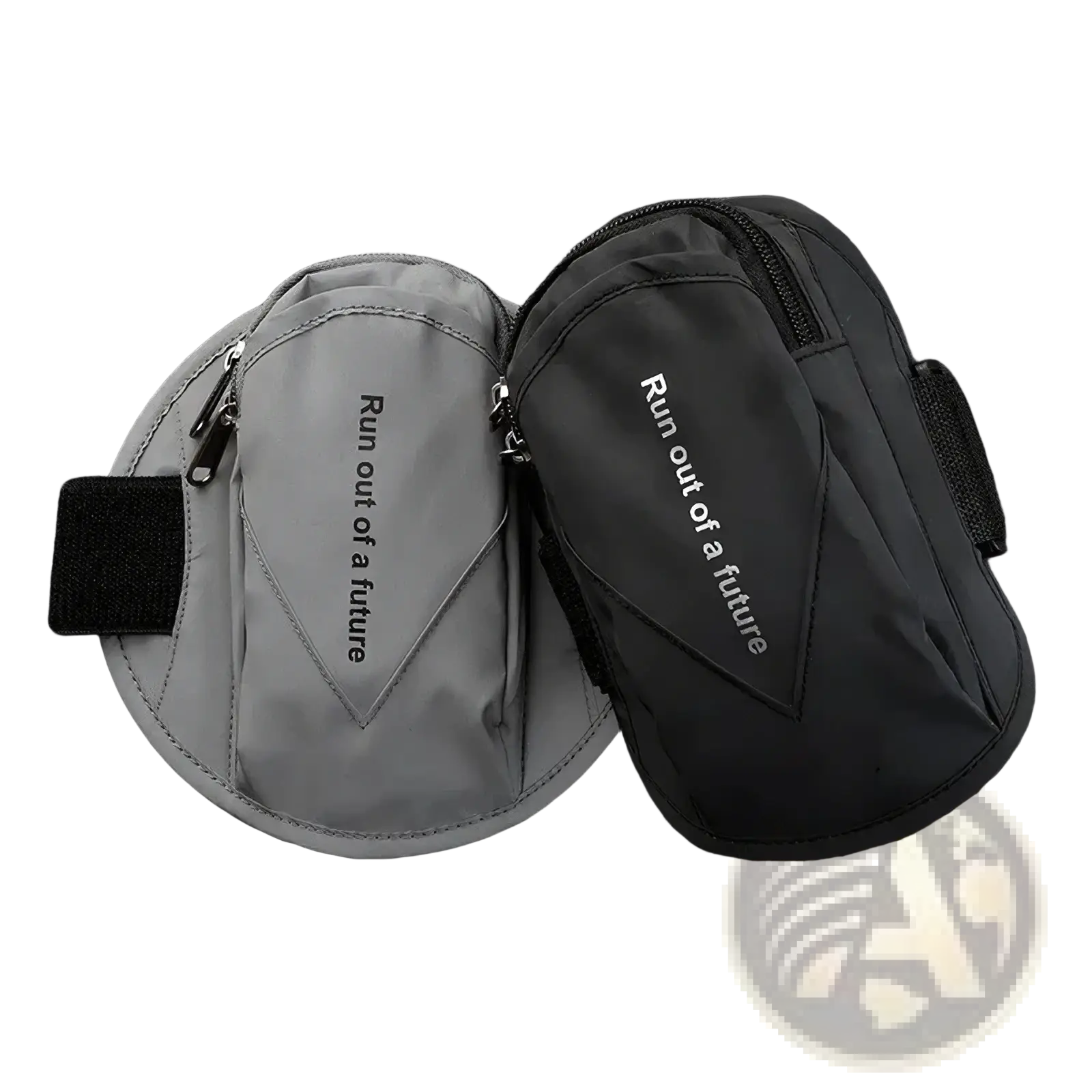 Running arm bag reflective phone pouch in gray and black with zippers adjustable straps and run out of a future print