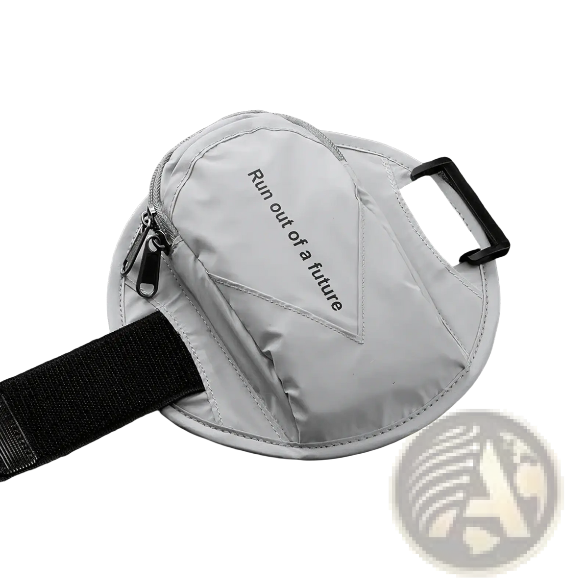 Light gray reflective running arm bag with black adjustable strap and zipper for secure phone storage