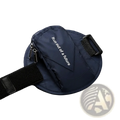 Navy blue running arm bag reflective phone pouch with zipper closure adjustable strap and run out of a future text