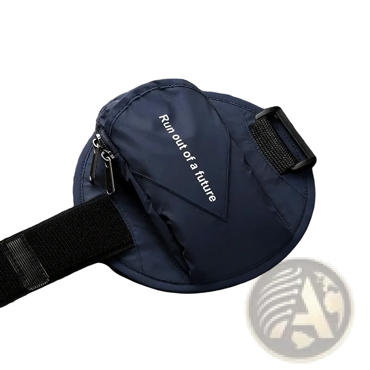 Navy blue running arm bag reflective phone pouch with zipper closure adjustable strap and run out of a future text