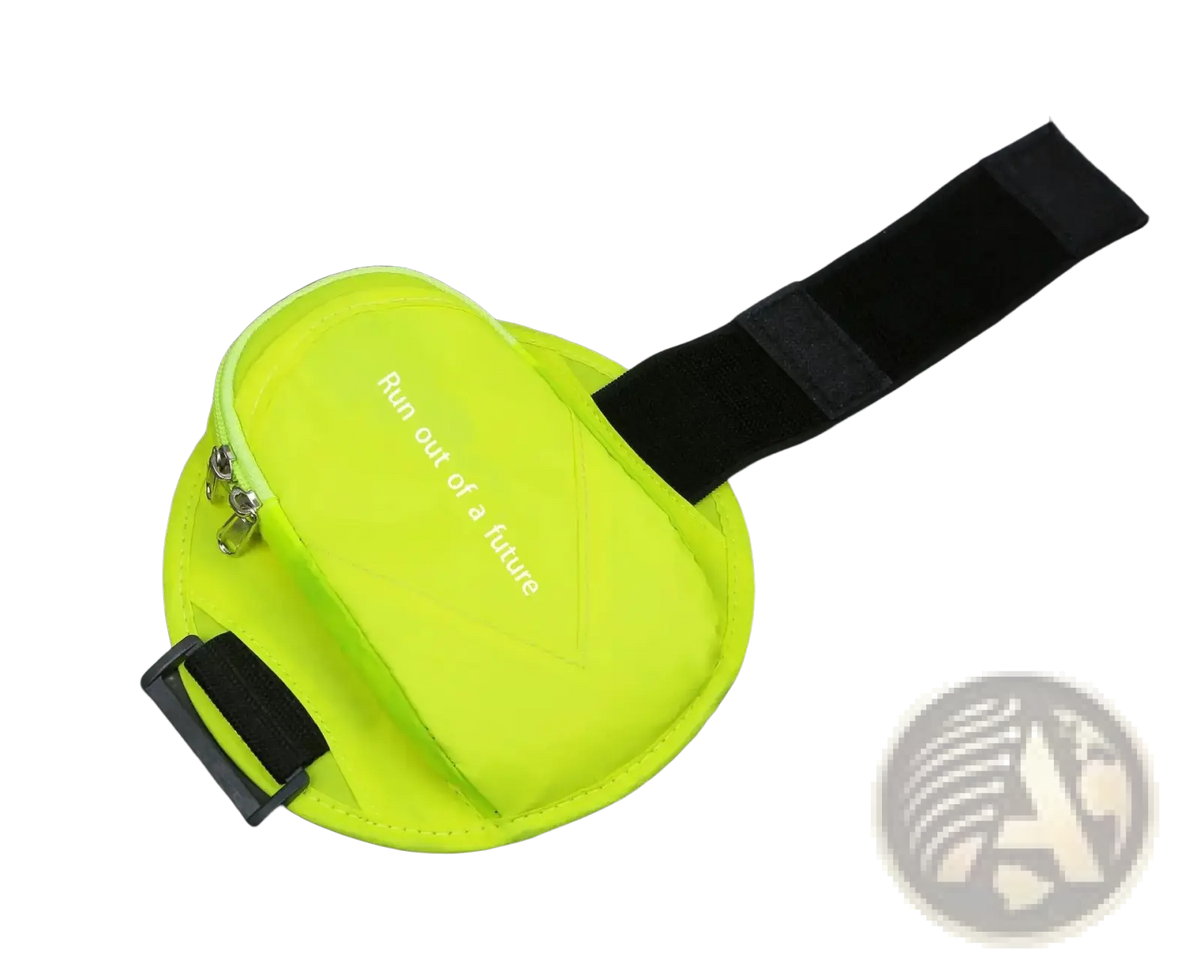 Bright neon yellow running arm bag reflective phone pouch with black adjustable strap and silver zipper featuring run out of a future text
