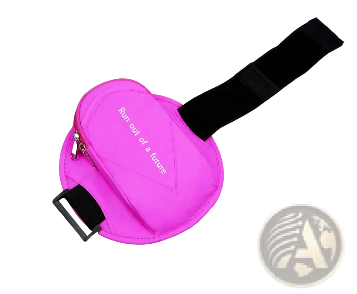 Bright pink running arm bag with black adjustable strap, zipper, and white run out of a future text phone pouch