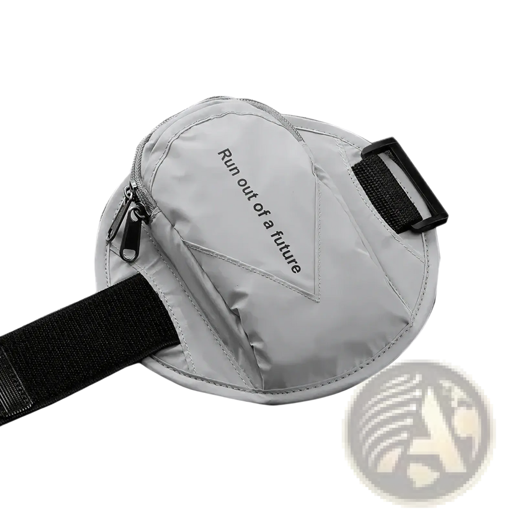 Silver reflective running arm bag with black adjustable strap and zipper closure for secure phone storage
