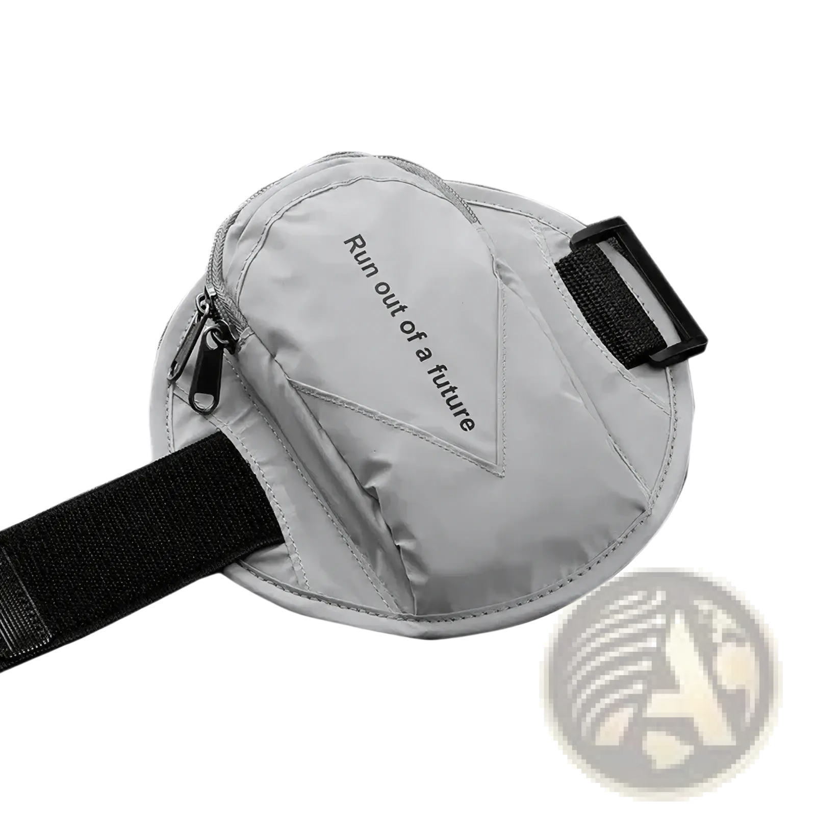 Silver reflective running arm bag with black adjustable strap and zipper closure for secure phone storage