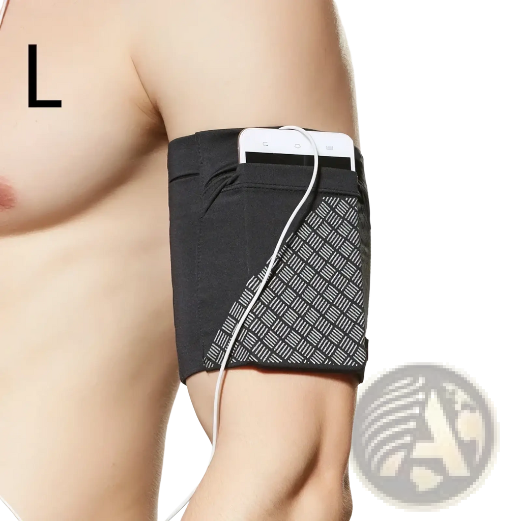 Running armband for 6.5 inch phones with black geometric patterned panel and phone slot holding a white smartphone