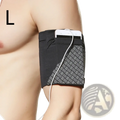 Running armband for 6.5 inch phones with black geometric patterned panel and phone slot holding a white smartphone