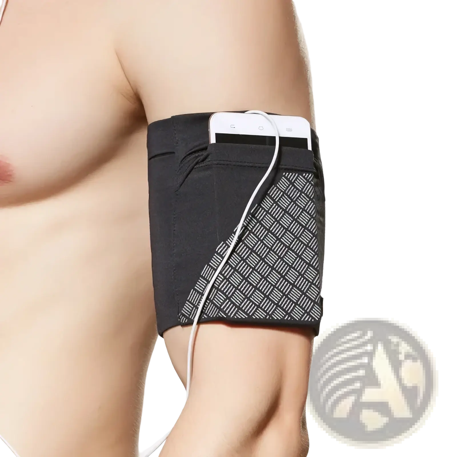 Running armband in black with geometric panel holding a white smartphone designed for 6.5 inch phones