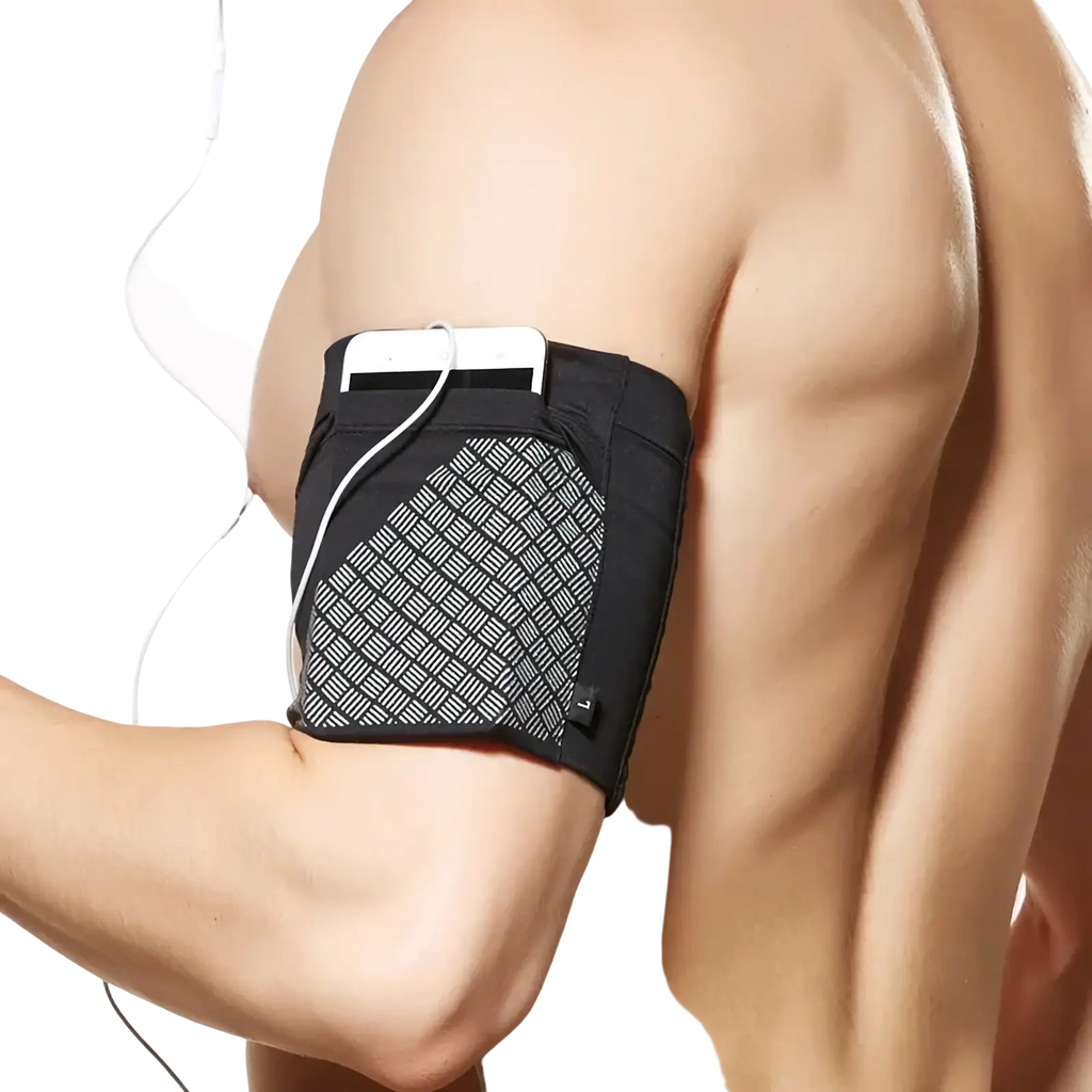 Running armband with black athletic band and gray geometric panel designed to hold 6.5 inch phones securely during workouts