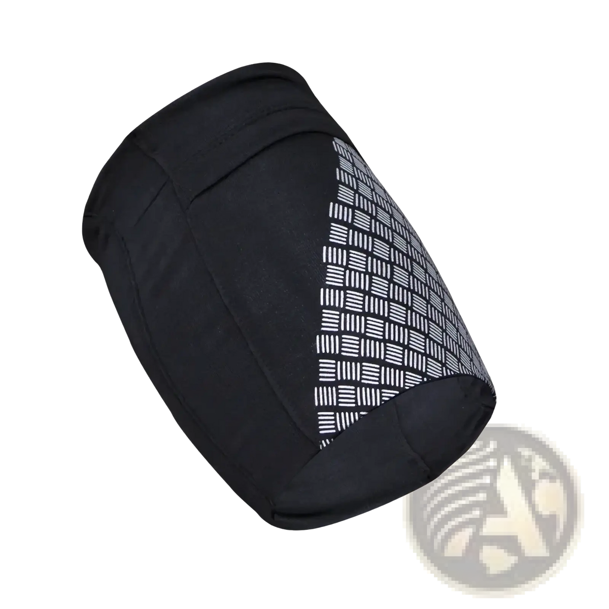 Black fabric running armband for 6.5 inch phones with white geometric grid pattern on one side