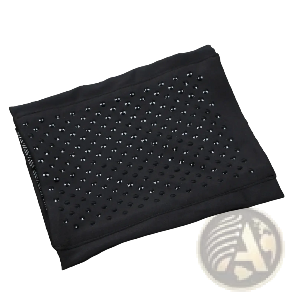 Black fabric running armband for 6.5 inch phones with a grid of small shiny rhinestones embedded on the surface