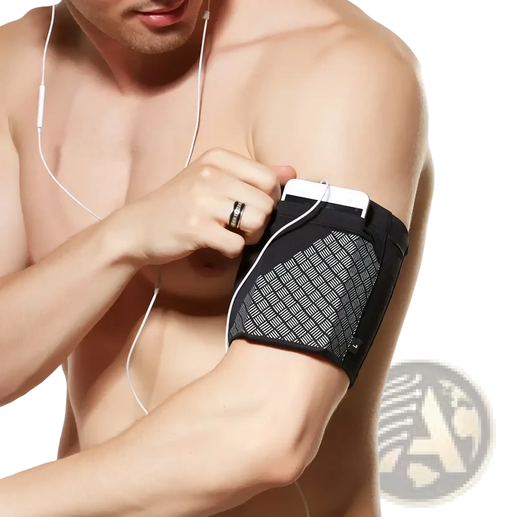 Black and gray patterned running armband with mesh design holding a white smartphone for 6.5 inch phones