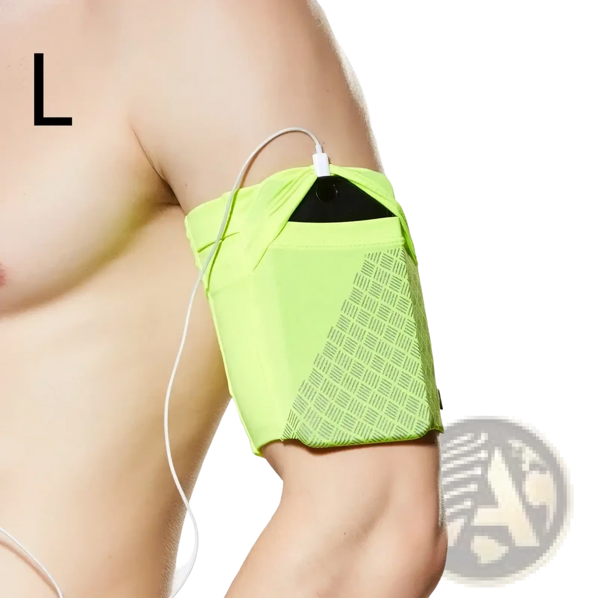Neon green running armband with black textured panel designed to secure 6.5 inch smartphones during exercise