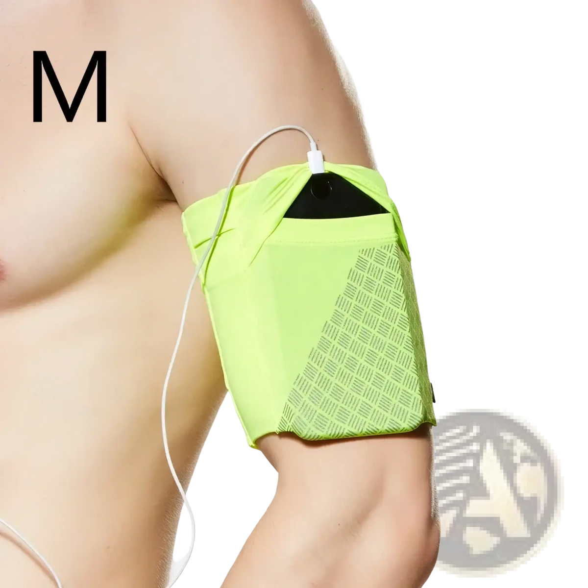 Running armband for 6.5 inch phones in bright neon green with black textured panel for secure workout phone carrying
