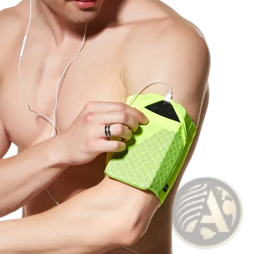 Neon green running armband with textured pattern and phone pocket designed for 6.5 inch phones