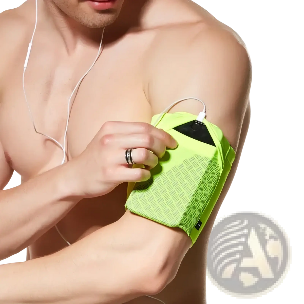 Neon green running armband with textured pattern and phone pocket designed for 6.5 inch phones