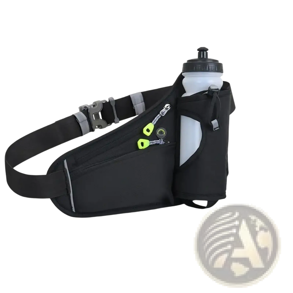 Black running belt waist pack with water bottle holder multiple pockets and reflective strips for visibility