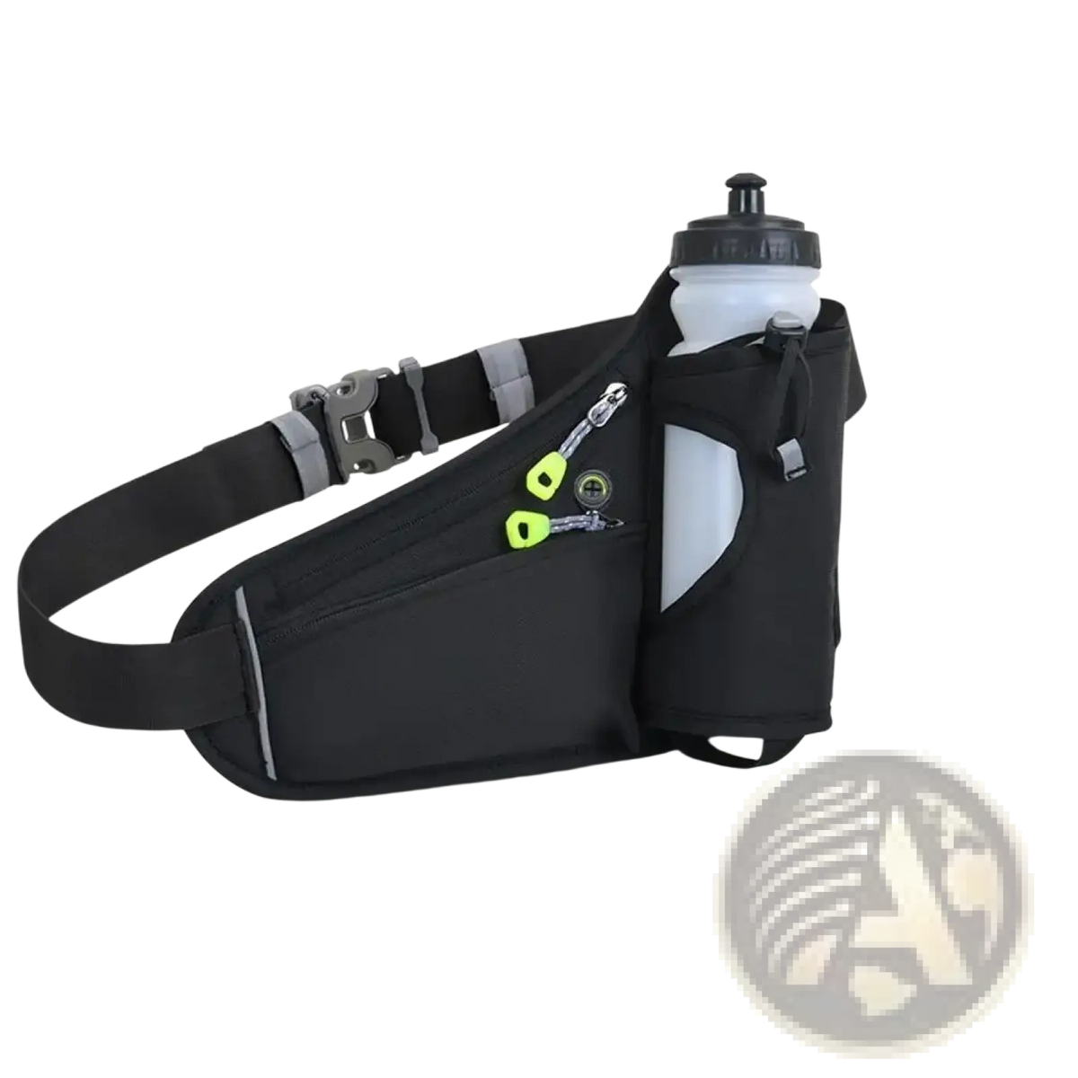 Black running belt waist pack with water bottle holder multiple pockets and reflective strips for visibility