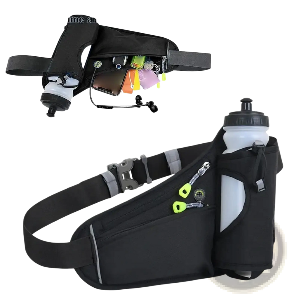 Black running belt waist pack with water bottle holder multiple pockets reflective strips and neon green zipper pulls