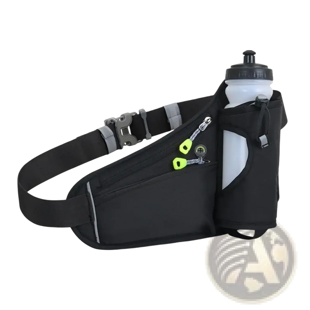 Black running belt waist pack with water bottle holder and neon green zipper pulls for hands-free hydration