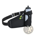 Black running belt waist pack with water bottle holder and neon green zipper pulls for hands-free hydration