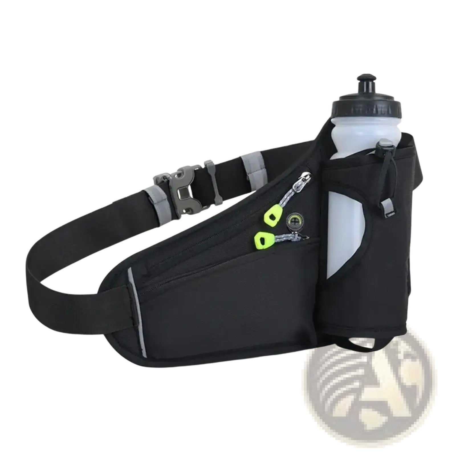 Black running belt waist pack with water bottle holder and neon green zipper pulls for hands-free hydration