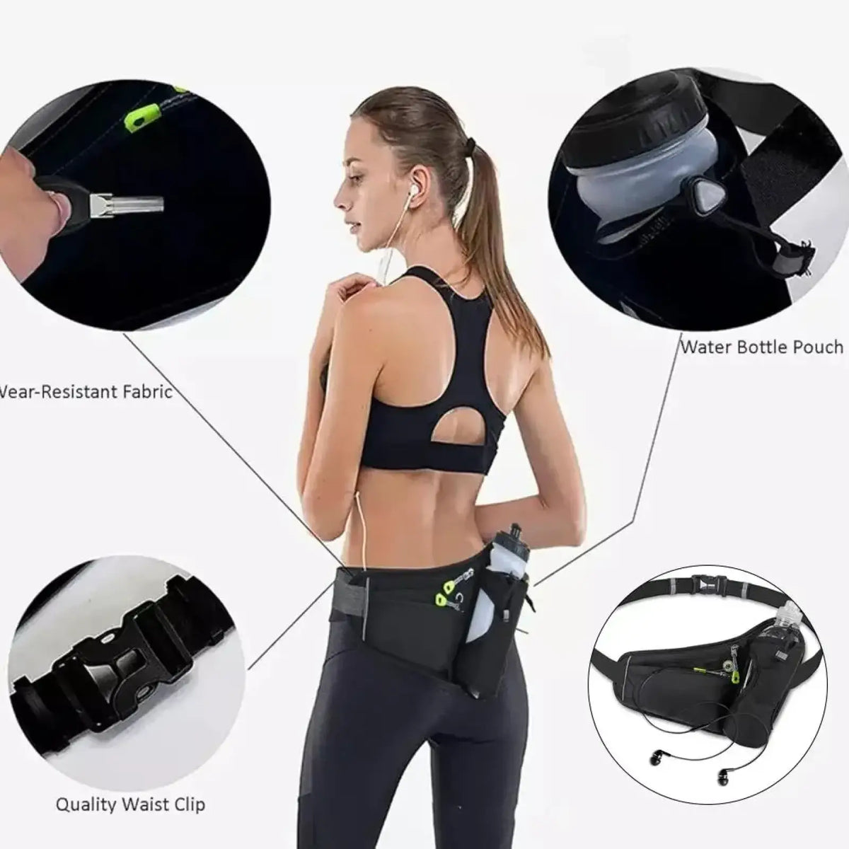 Black running belt water bottle holder waist pack with adjustable strap and durable fabric for athletic use