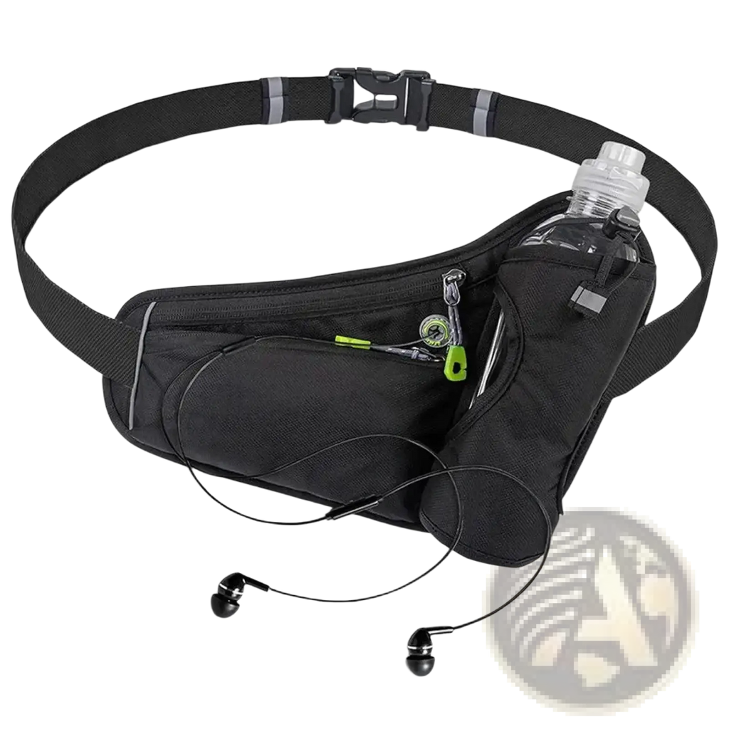 Black running belt water bottle holder waist pack with multiple compartments and reflective strips on adjustable strap