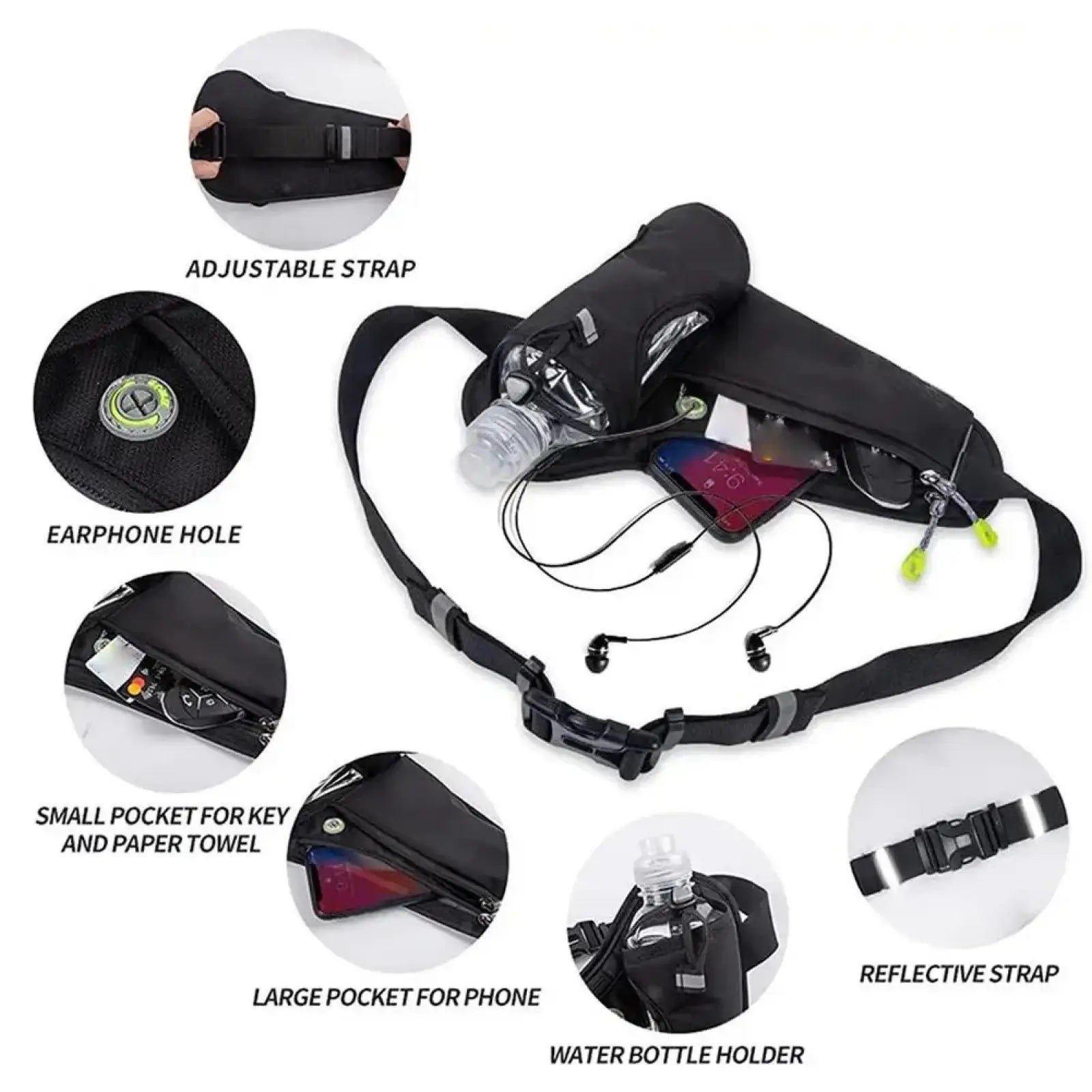 Black running belt water bottle holder waist pack with reflective details adjustable strap and multiple compartments