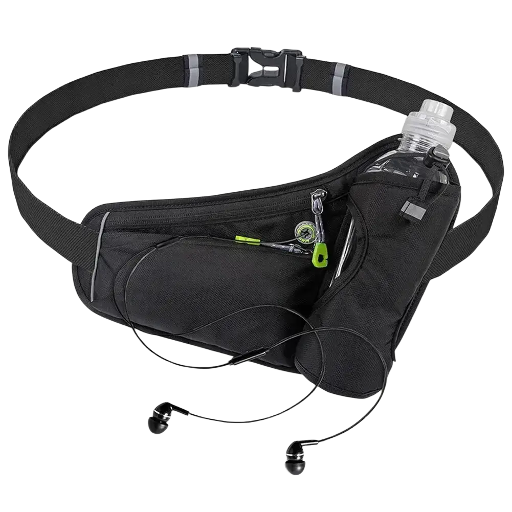 Black running belt water bottle holder waist pack with multiple compartments and reflective strips on adjustable strap