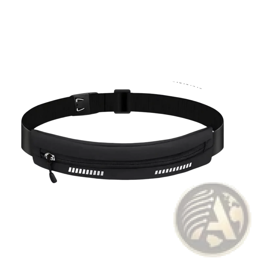 Black waterproof running belt with reflective white stripes and zipper closure for sports and fitness use