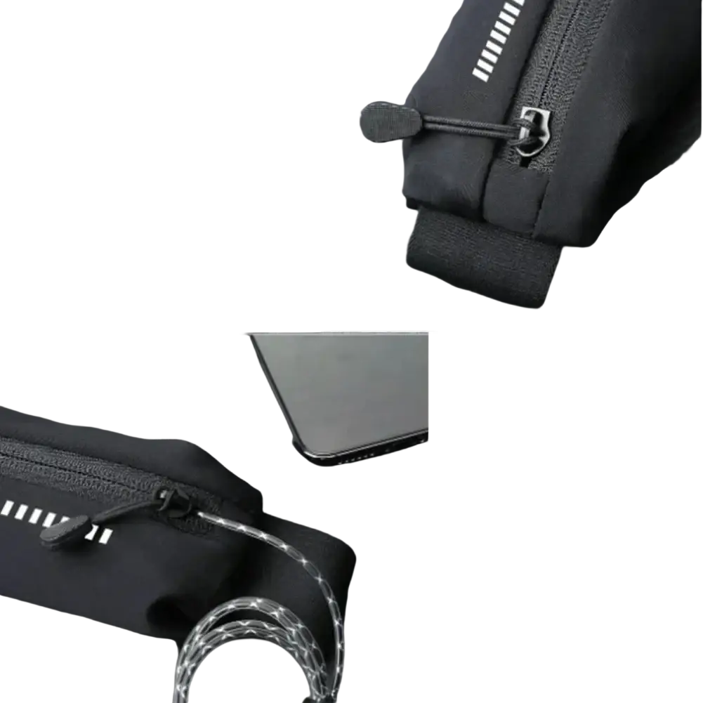 Black waterproof running belt sports fanny pack with alloy zipper and headphone cable outlet for fitness use