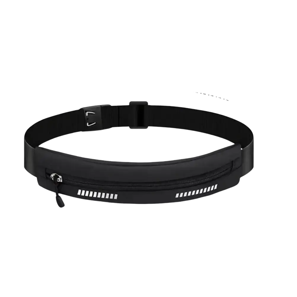Black waterproof running belt with reflective white stripes and zipper closure for sports and fitness use