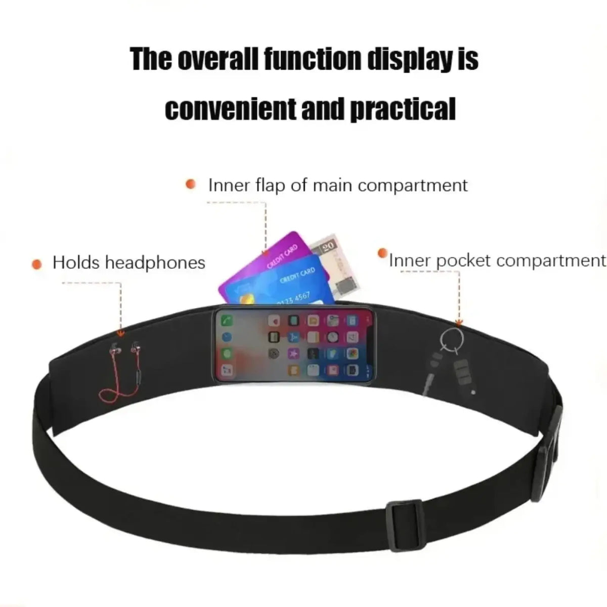 Black elastic waterproof running belt with multiple compartments for smartphone credit cards and headphones storage