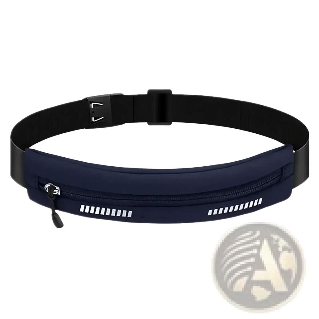 Navy blue waterproof running belt fanny pack with black adjustable strap and reflective white stripes for fitness