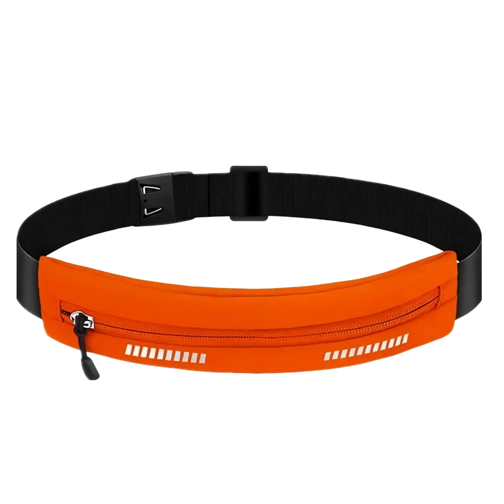 Bright orange waterproof running belt with black adjustable strap and reflective white stripes for fitness use