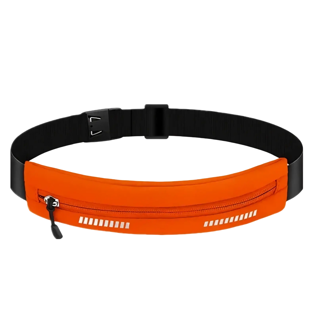 Bright orange waterproof running belt with black adjustable strap and reflective white stripes for fitness use