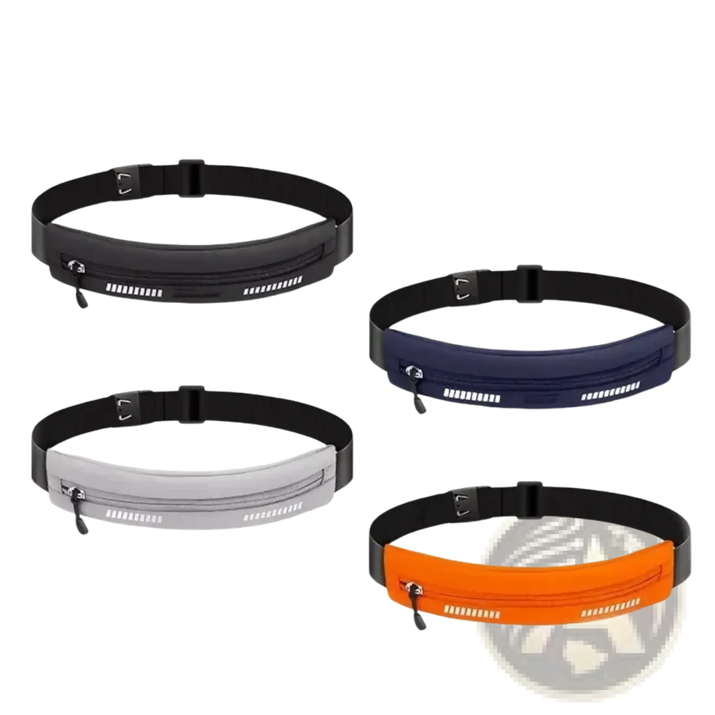 Four waterproof running belt sports fanny packs in black navy blue gray and orange with reflective zipper stripes