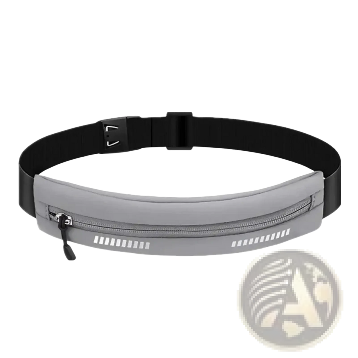 Gray waterproof running belt with black adjustable strap and reflective white stripes along the zipper for fitness use