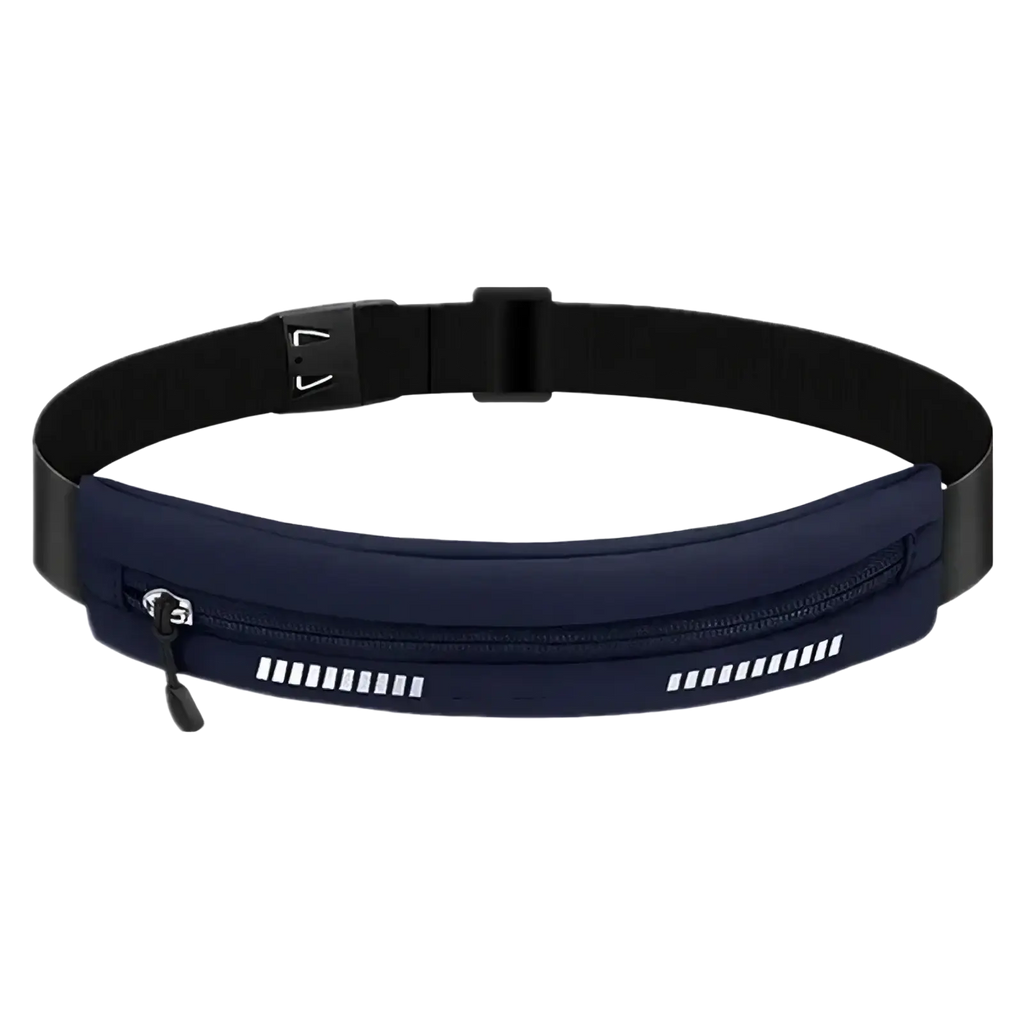 Navy blue waterproof running belt fanny pack with black adjustable strap and reflective white stripes for fitness