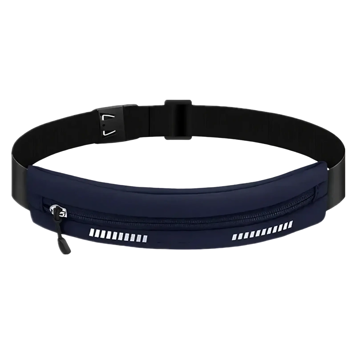 Navy blue waterproof running belt fanny pack with black adjustable strap and reflective white stripes for fitness