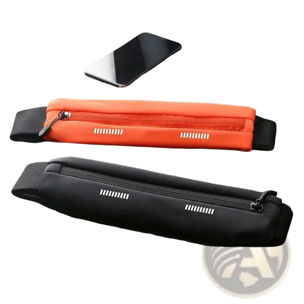 Orange and black waterproof running belt with reflective stripes for fitness and sports activities