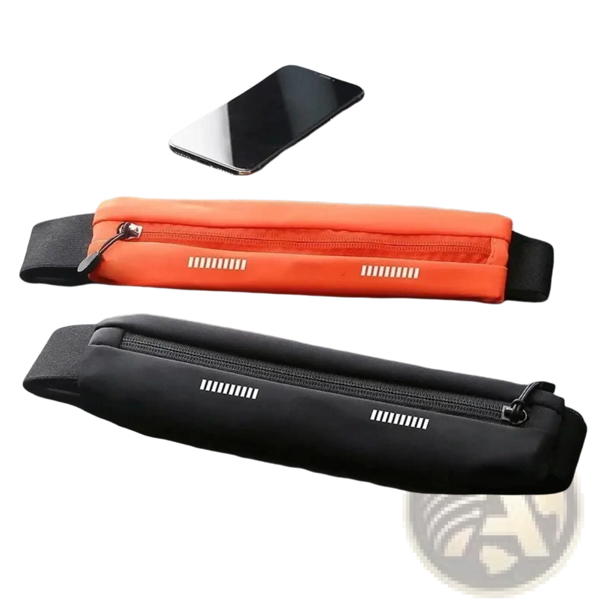 Orange and black waterproof running belt with reflective stripes for fitness and sports activities