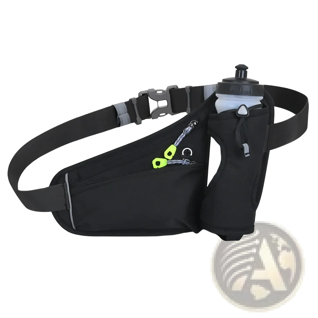 Black running hydration waist pack with neon green zipper pulls and water bottle holder for outdoor fitness use