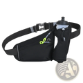Black running hydration waist pack with neon green zipper pulls and water bottle holder for outdoor fitness use