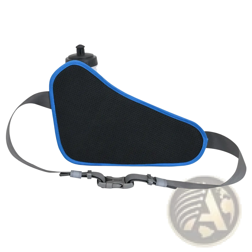 Running hydration waist pack with black and blue mesh water bottle holder and gray adjustable strap shown from the back side